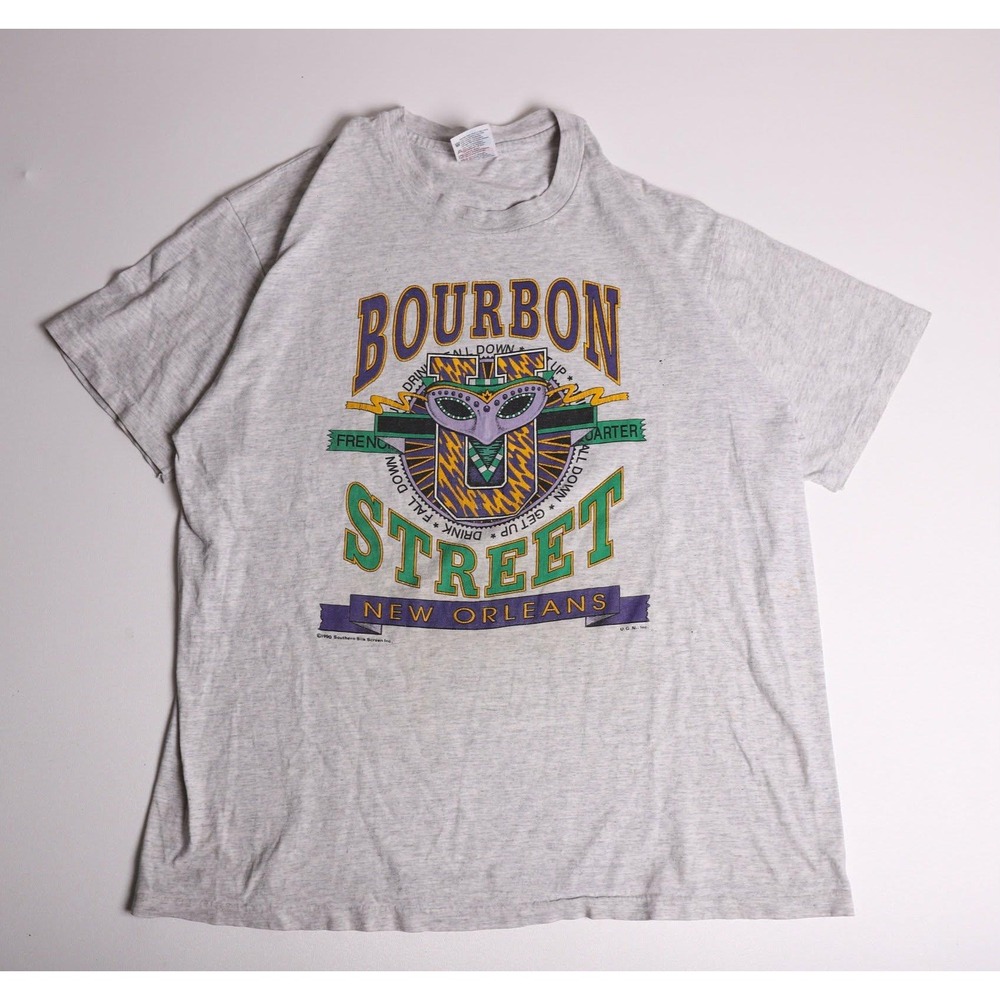 Vintage 1990 Bourbon Street New Orleans T-Shirt Hanes Heavyweight Gray XL 90s
